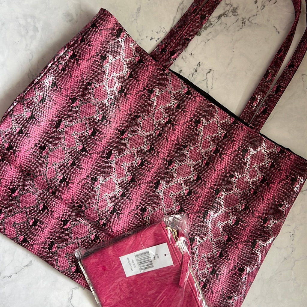 Large Pink Python Print Tote With Pouch